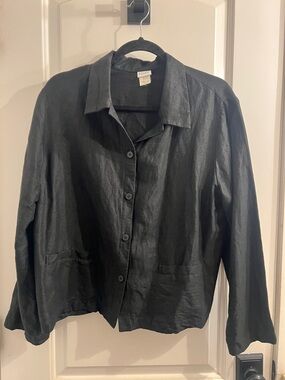 Eileen Fisher Black Button-Front Linen Jacket